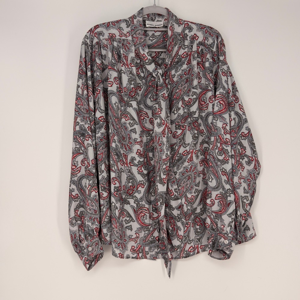 Alfred Dunner Blouse Women 42 Gray Red Paisley Tie Neck Vintage 80s Office Boho - Picture 1 of 6